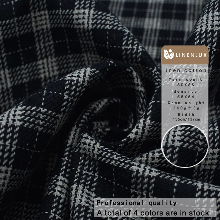 Korean fashion heavyweight 54% linen 46% polyester plaid fabrics checked black clothing manufacturing fabric for sale