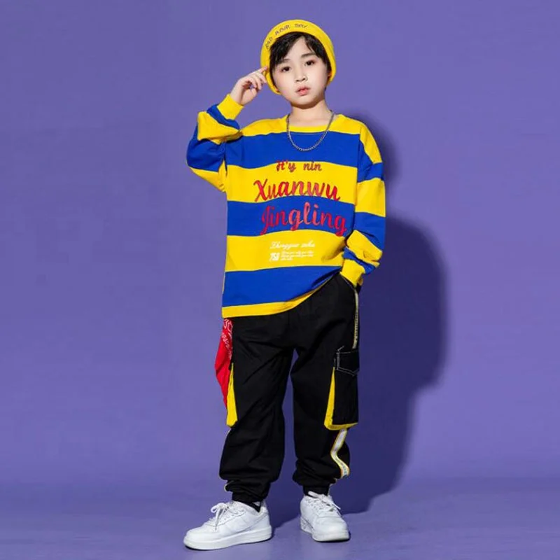 Kids Kpop Teen Hip Hop Clothing Stripe Sweatshirt Tops Cargo Pants Streetwear For Girl Boy Jazz Dance Costume Showing Clothes