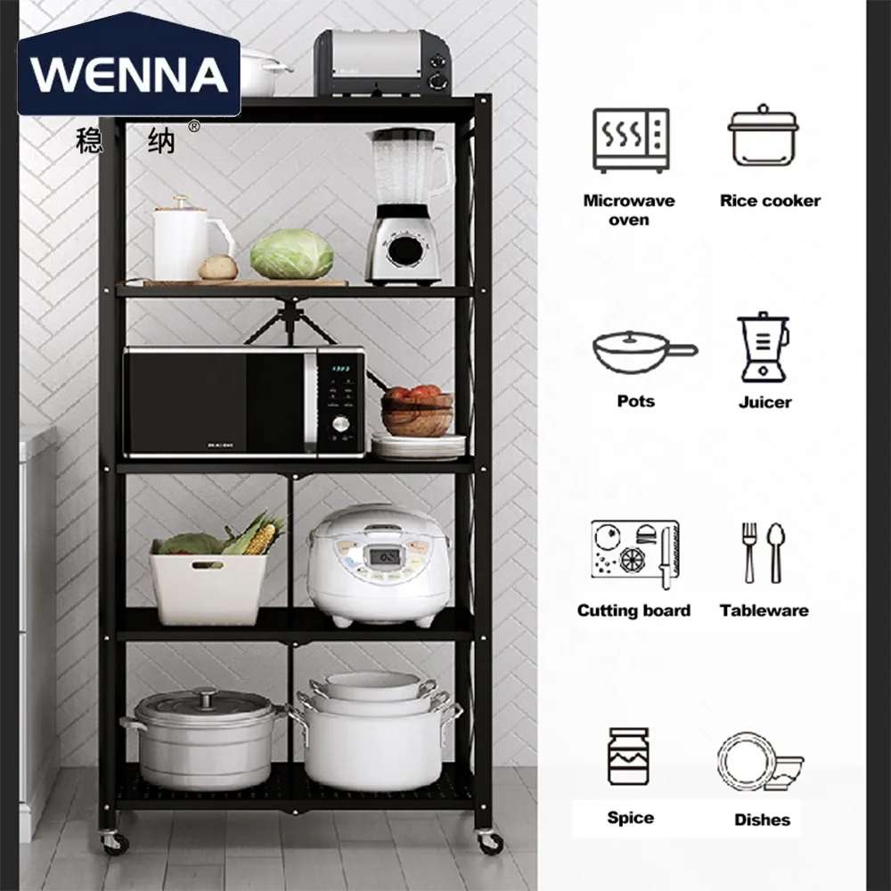 Black Metal Steel Collapsible Shelving Organizer Wire Rack Foldable Kitchen Storage Unit On Caster Wheels