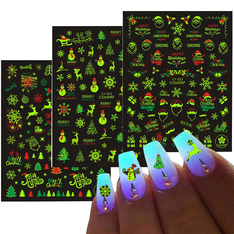 Christmas nail art stickers Glow in Dark decals nails decorations manicure tools Santa Snowflake design DIY Nail Salon Manicure