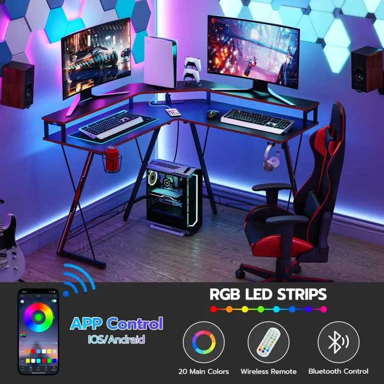 Wholesale L Shaped Computer Gaming Desk with Power Outlets & LED Lights Monitor Stand & Storage Shelf Home Office Corner Desk wi