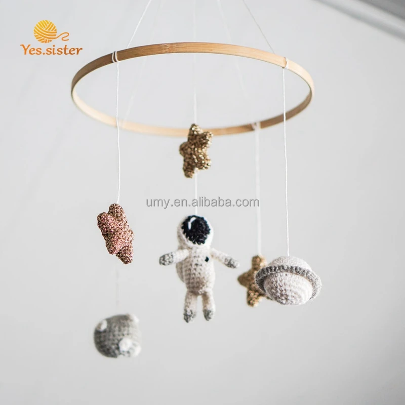 Wooden Crochet Astronaut Toy Crib Space Baby Shower Gift Handmade New Cot Mobile