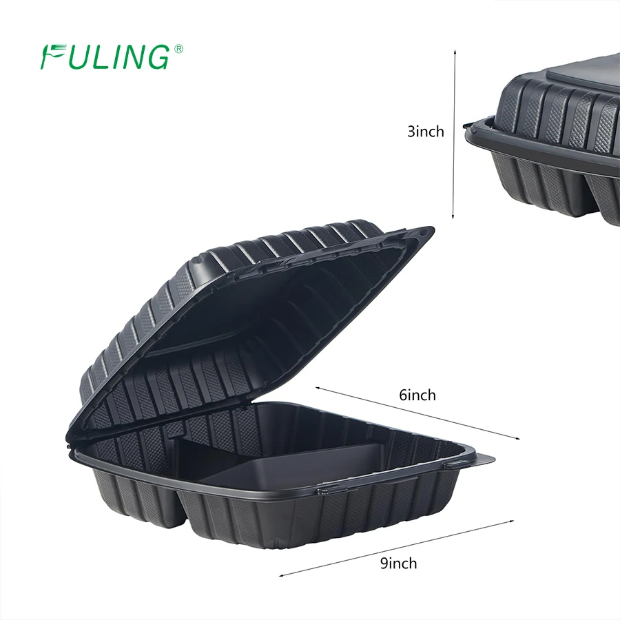 FULING Restaurant 9x9 inch 3 compartment MFPP Hinged Container r Disposable Eco Friendly Clamshell Takeout Food Container
