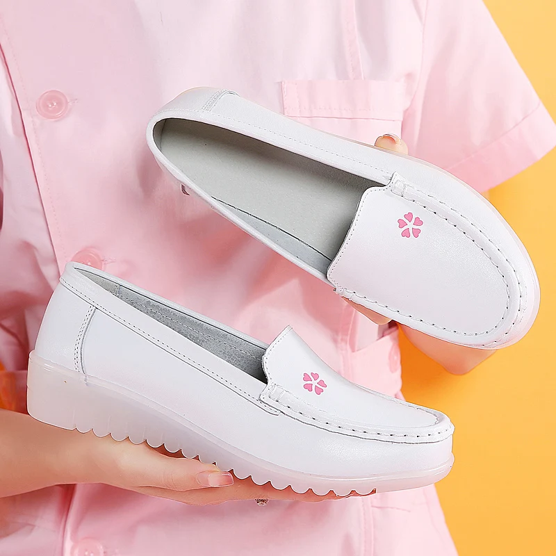 Comfortable Cow Leather Hospital Nurse Shoe Anti Slip Loafer White Nursing Shoes For Nurse