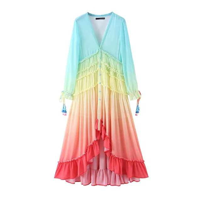 Women ruffles sweet vestidos rainbow print summer bohemian dress holiday long beach dress bohemian beach maxi dresses