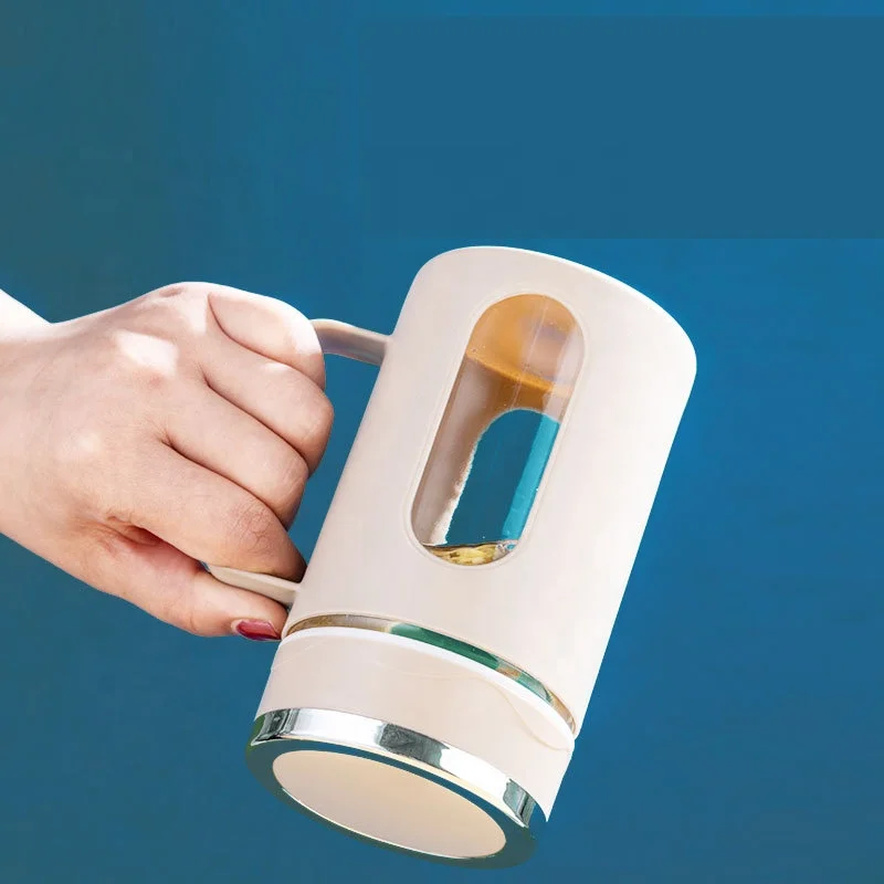 custom logo promotional glass cups office glass water bottle with plastic sleeve