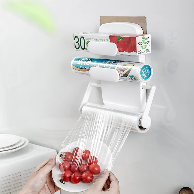 3 in 1 MULTI-FUNCTION  Wall mounted Shelf Plastic Aluminum Film wrap Holder Paper Roll Holder  Kitchen Tool Rack