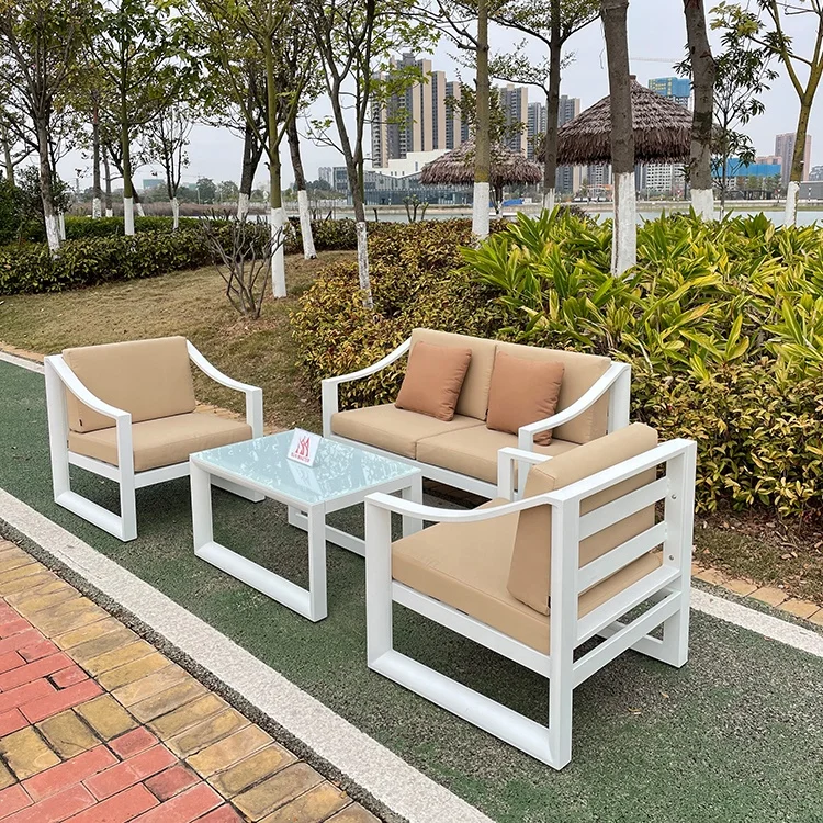 2022 Modern KD Outdoor Garden 4 PCS Seating Sofa Set Sectional Patio Hotel Furniture Luxury Aluminum Conversation Garden Couch