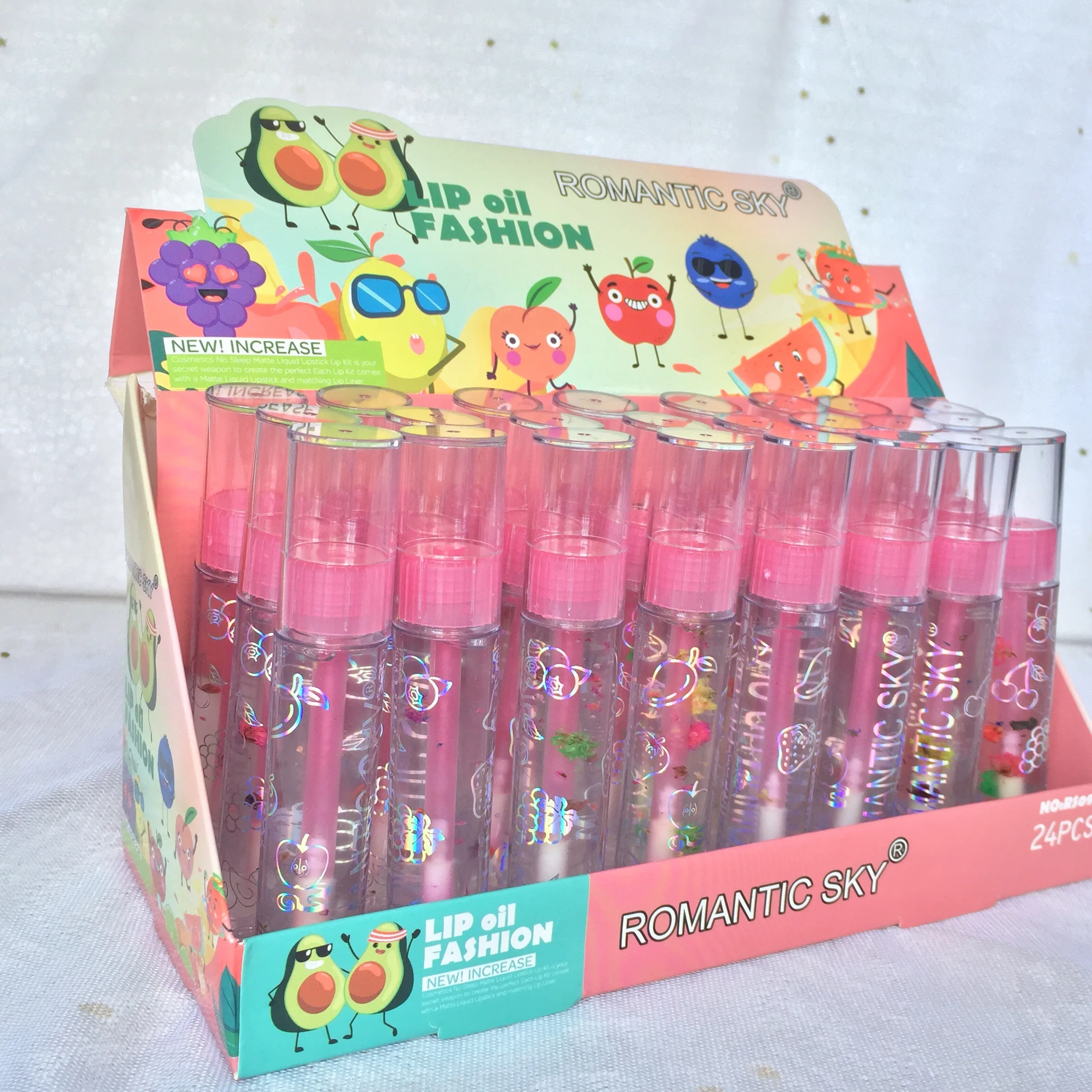 24 pc Private Label Glossy Lip Oil Vegan Organic Fruit Flavor Vitamin E Moisture Lip Plumping Lip Care Oil for women and girl