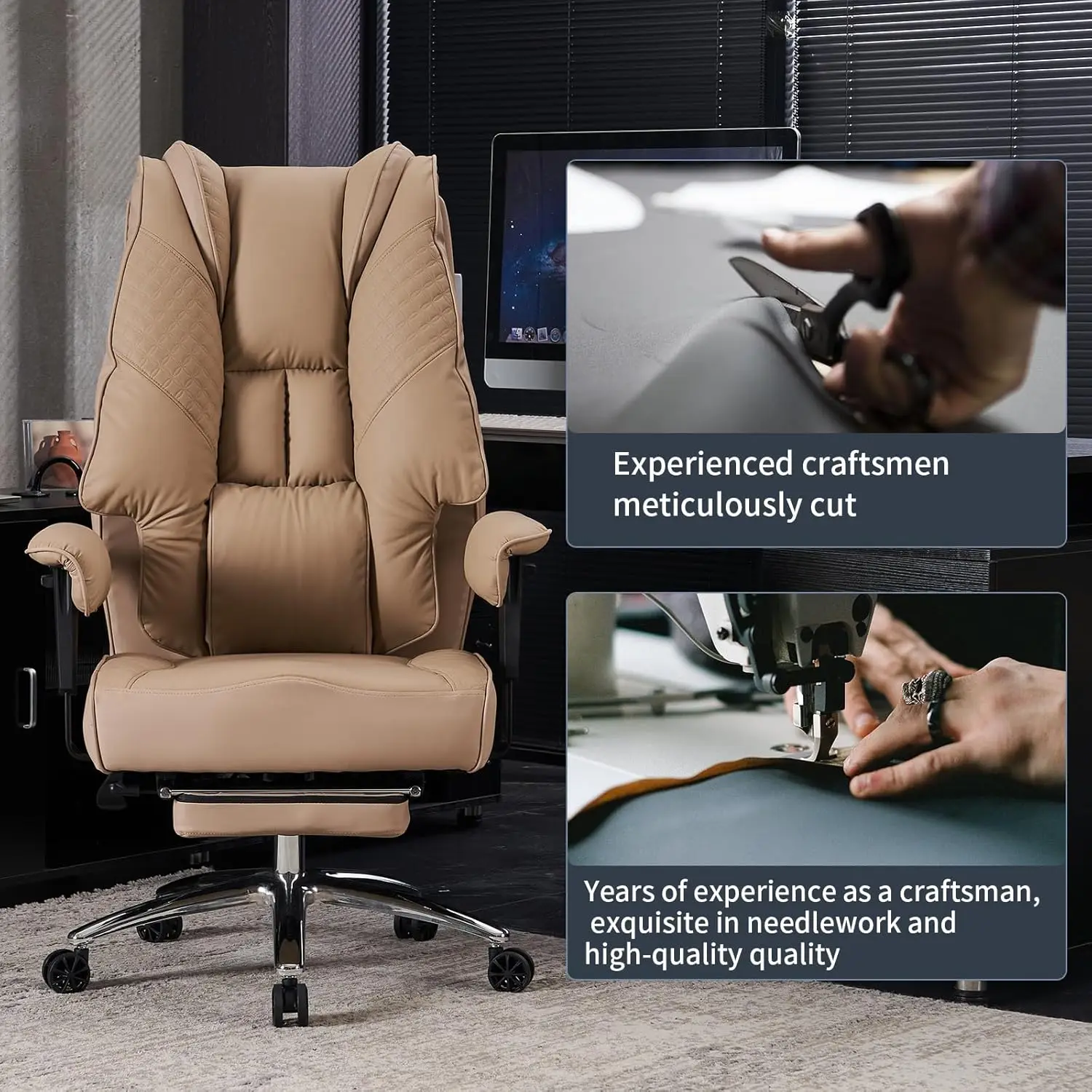JL Big and Tall Office Chair 400lbs Wide Seat Leather Boss Chaise High Back Black Executive Computer Chair with Foot Rest