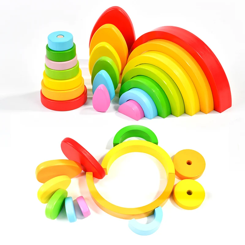 3 in 1 Wooden Rainbow Stacker Toy Tower of Hanoi 7 Colors Rainbow Stacking Stones Building Blocks Set Nesting Toy
