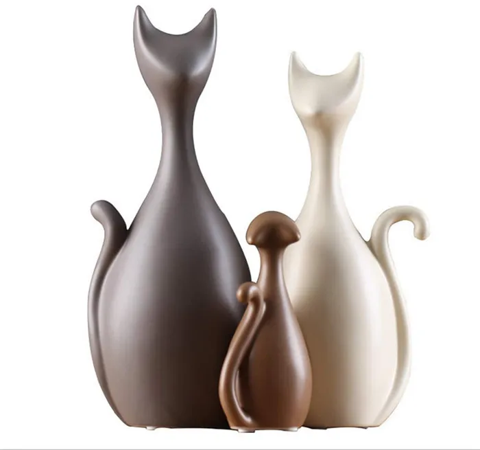 Ceramic Home Decor Cat Family Figurine Crafts Animals Statue Abstract Sculpture Ornament Birthday Wedding Gifts 3pcs/Set