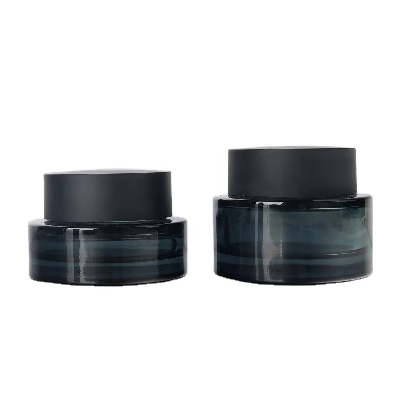 Thick 50g Round Wide Mouth Clear Thick amber Glass Container with matte black lid dark blue thicker cream Jar Glass With Cap