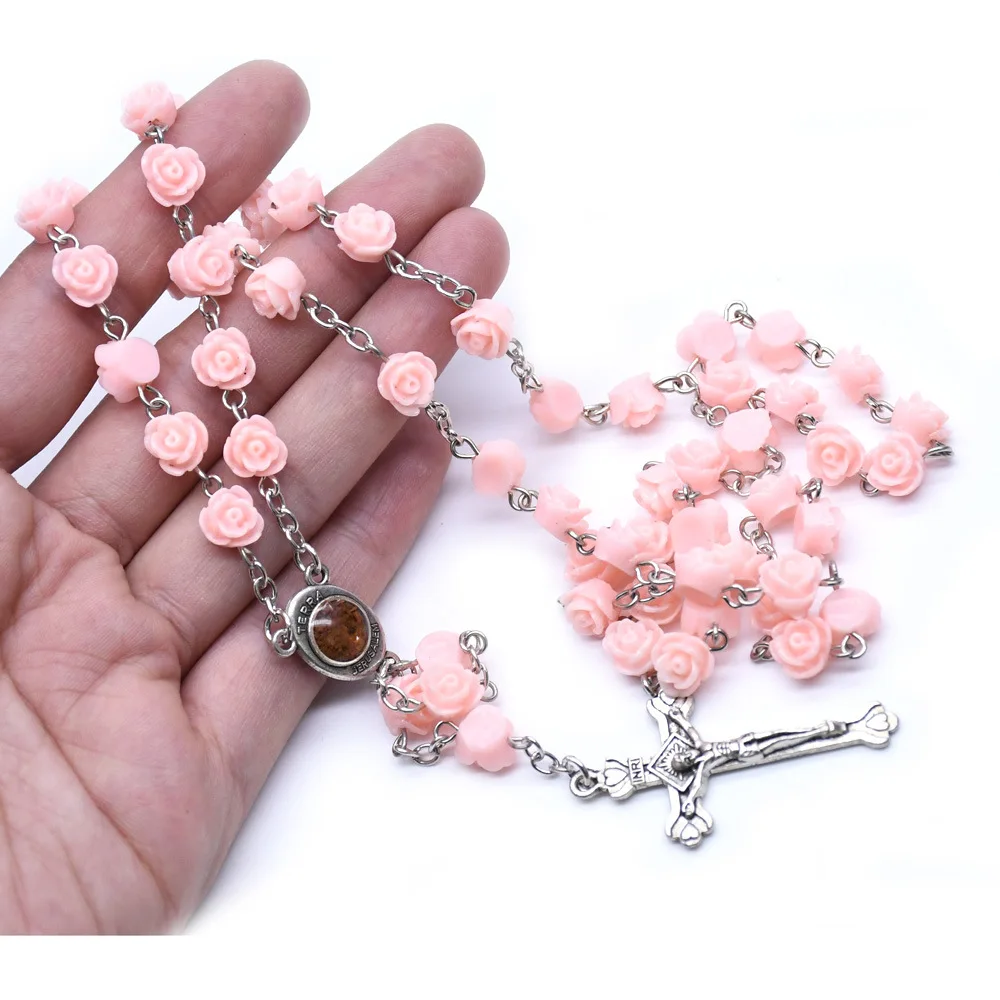 Cristianismo Cruzado Resin Rose Flower Rosary Necklace Virgin Mary Christ Cross Catholic Christian Prayer Beads