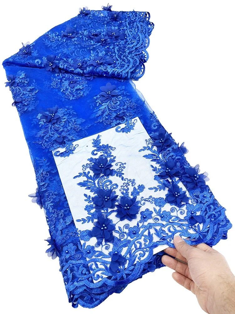 factory wholesale new stock flower dress double border lace fabric wedding party royal blue 3d lace fabric