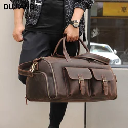 Genuine Leather Sports Folding Travel Bag Hand Carry Luggage Gym Bags Men Weekender Heavy Duty Duffel Bags With Shoe Compartment