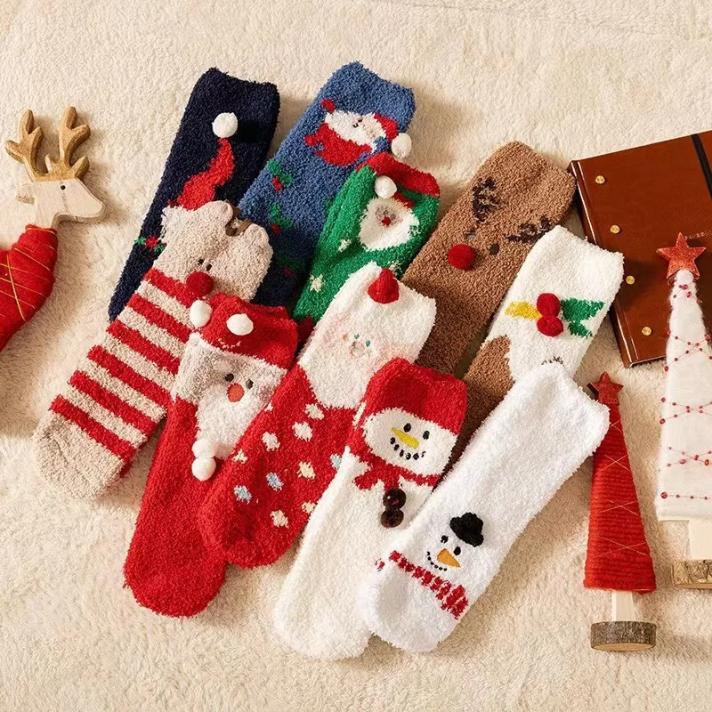 Custom Packing Gift Ball Women Winter Sofa Sleep Plush Warm Comfortable Soft Coral Velvet Christmas Floor Room Home Fuzzy Socks