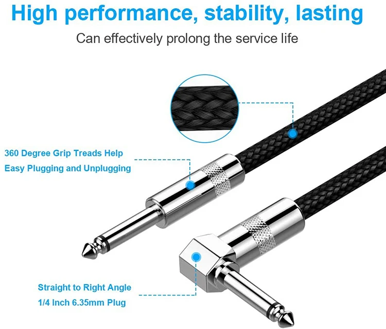 Factory OEM 10FT 1/4 Inch TS Mono Jack Right Angle to Straight Electric Guitar Cable for Acoustic Instrument for Music Amplifier