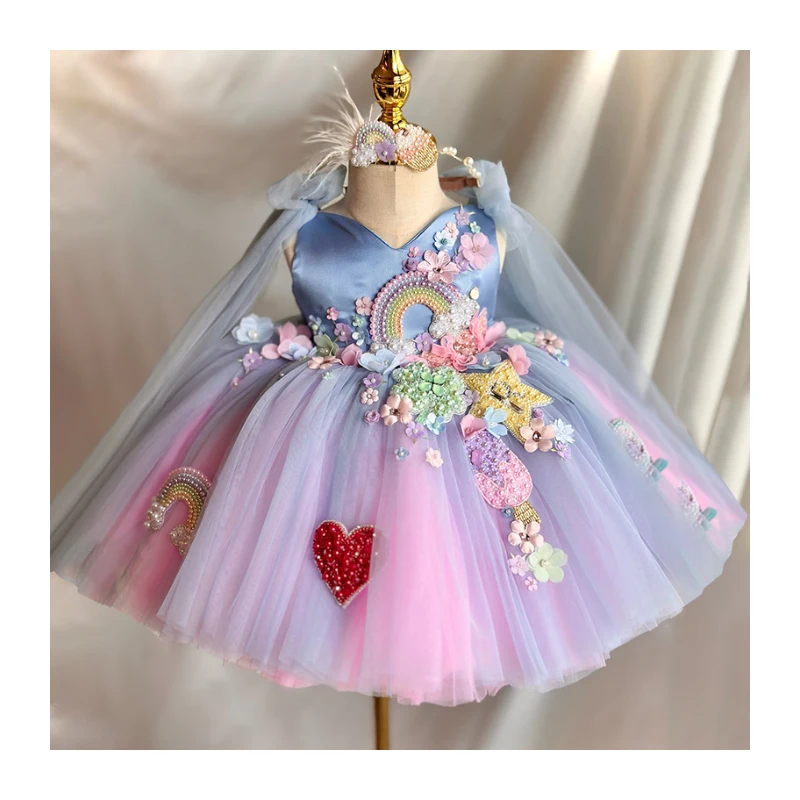 New Popular Custom Made Wedding Applique Gradient Tulle Princess Gowns Knee Length Flower Girl Dresses For Wedding