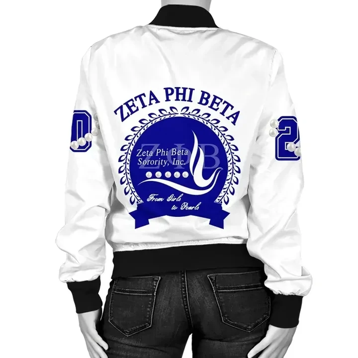 Wholesale Price Women White Bomber Jacket Zeta Phi Beta Pearls Pattern Custom Girls Jacket Crop Bomber Jacket Women