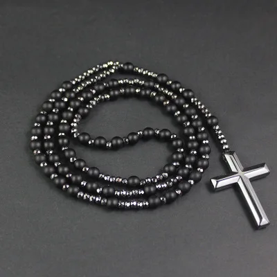 2021 Hot Sale Natural Stone Black Matte Agate Round Beads Necklace Energy Stone Magnetic Hematite Cross Pendant Necklaces