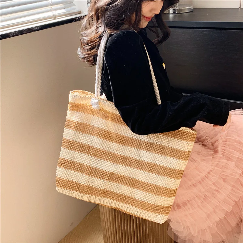 custom hot selling high quality and cheap khaki stripe shopping travel  PP grass paper woven cotton rope portable tote beach bag