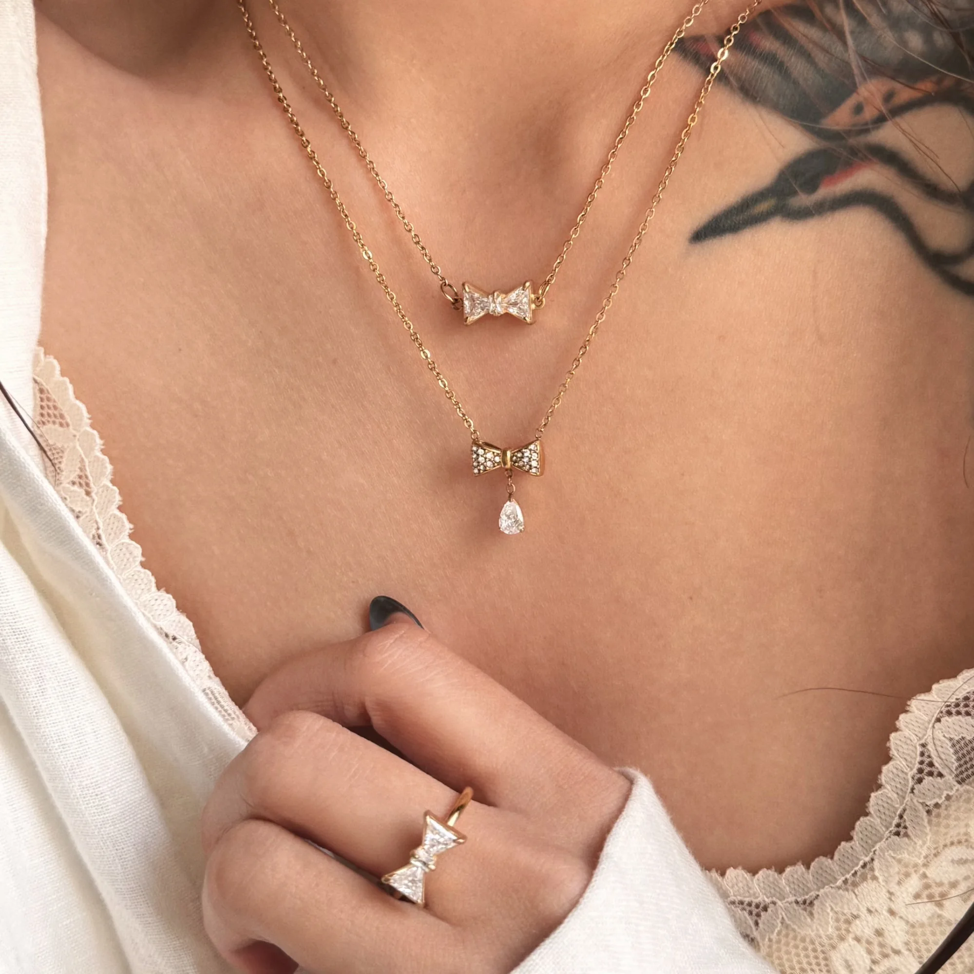 2024 Dazan New 18k Gold Plated Tarnish Free Stainless Steel Classic Bow Butterfly Tie Green Zircon Pendant Chain Necklace Women