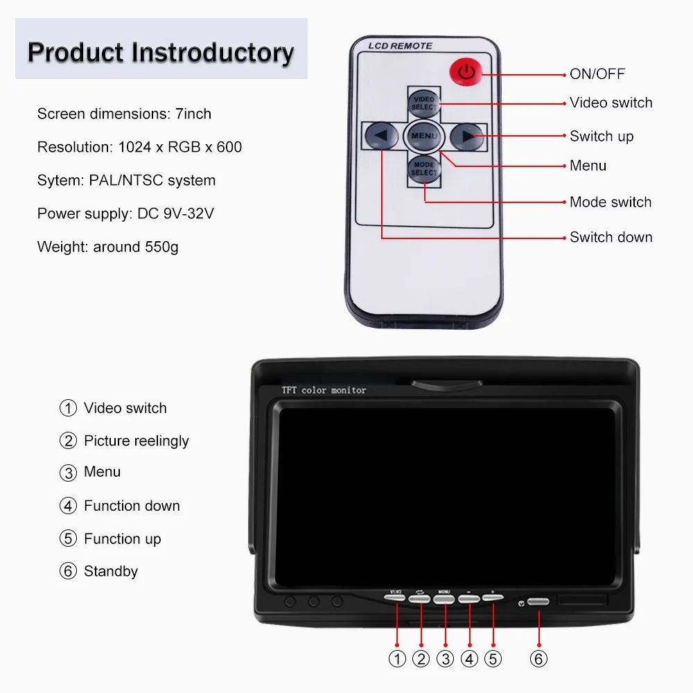 7 inch HD vehicle monitoring quad-view truck monitor bus camera system passenger cars reversing image display screen