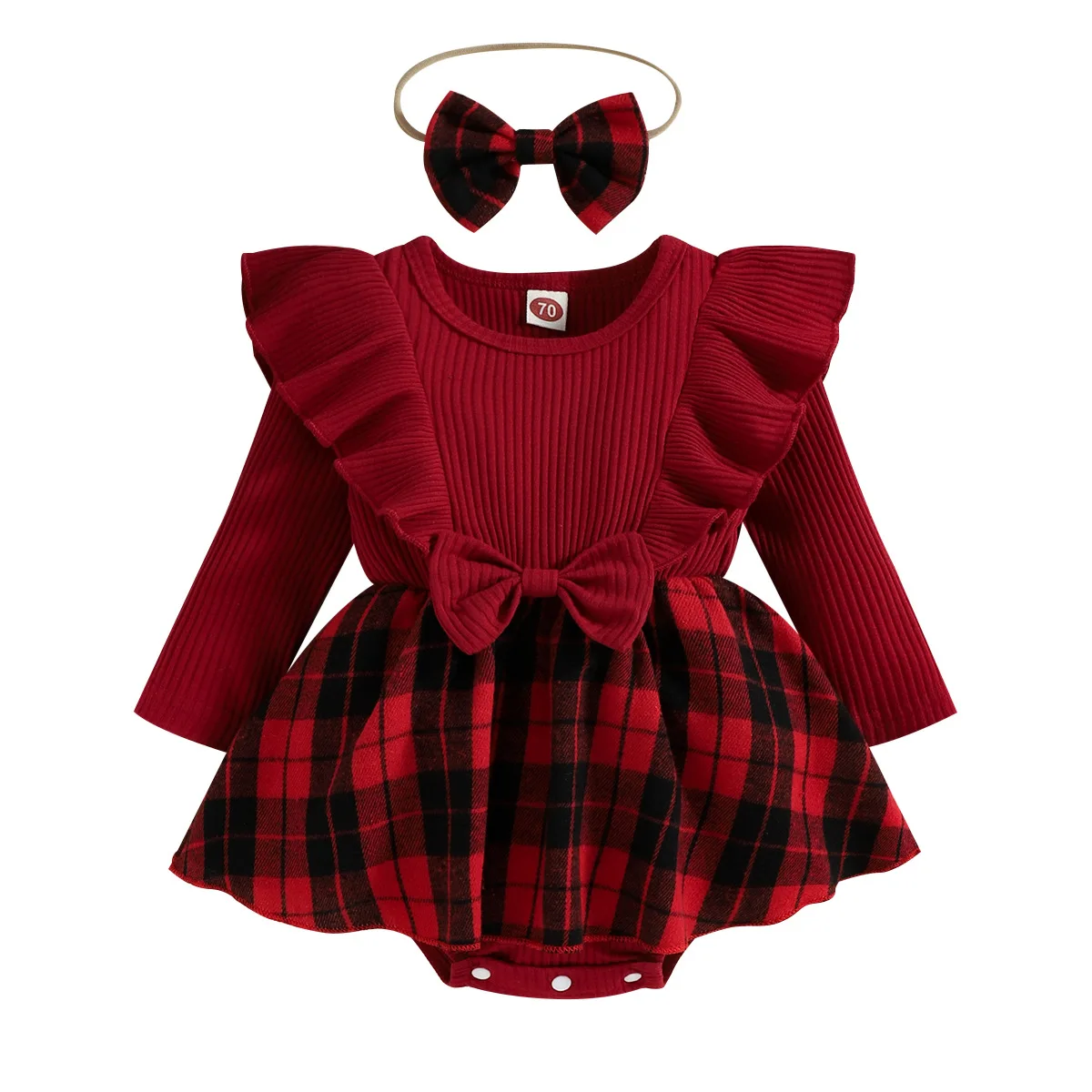 Christmas Infant Baby Girls Romper Dress Long Sleeve Crewneck Bowknot Skirt Hem Jumpsuits with Headband