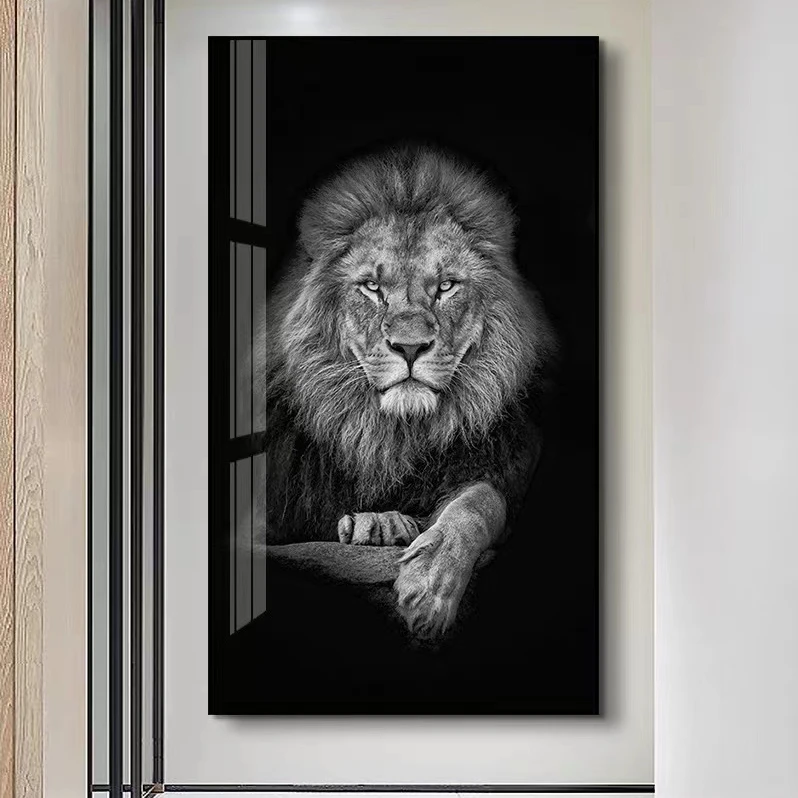 Modern Custom Pattern 3d Wall Hanging Black And White Lion Canvas Bottom Crystal Porcelain Painting