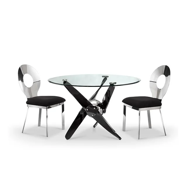 Modern Simple Unique Designs Restaurant Dining Room Furniture Glass Black Metal With chairs 6 Seater Big Round Dining Table Set