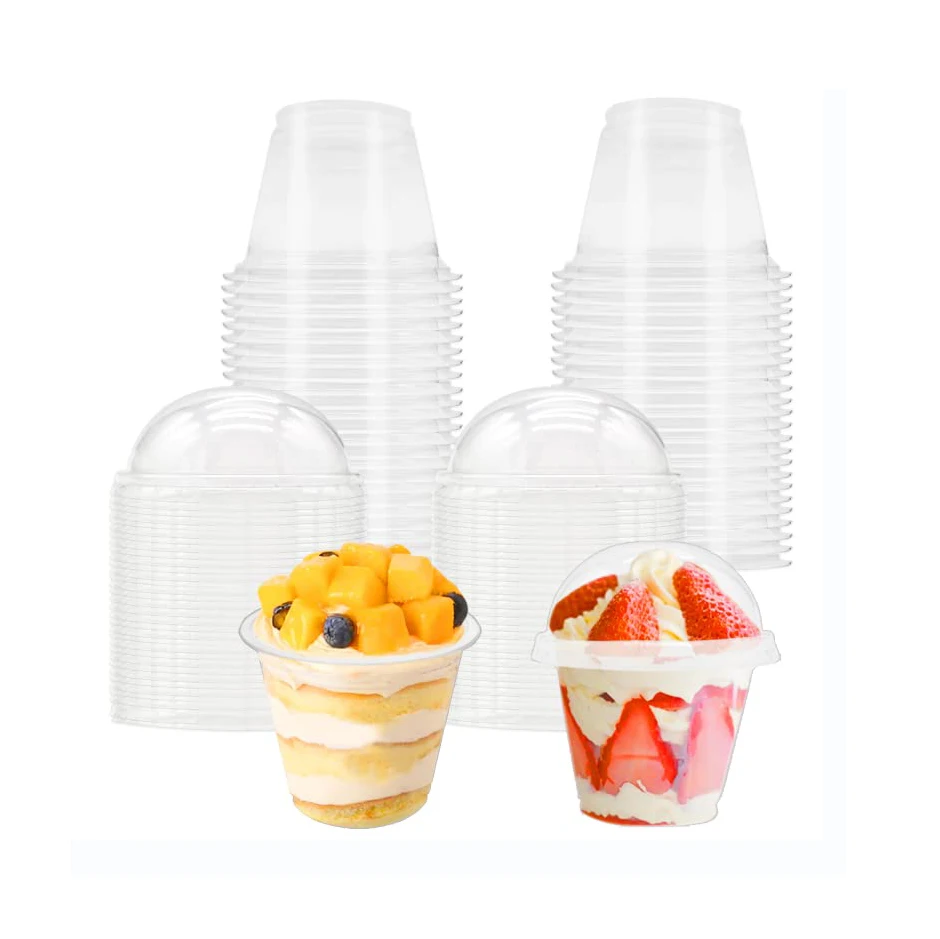 Biodegradable Clear Plastic Cups Transparent Parfait Cup Dessert 6 Oz Cups Dome Lid For Fruit Ice Cream Cupcake Drinks Nuts