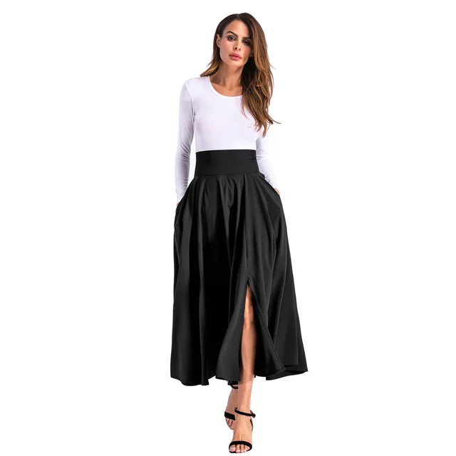 High Waist Pocket Skirts Womens Spring Split Side Fashion Long Pleated Skirt With Belt Casual Ladies Saia Longa Gray E8601