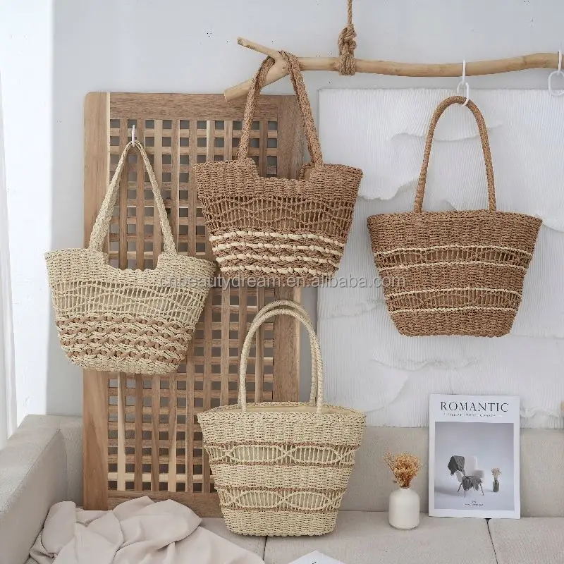 women Luxury Beach Summer Rattan Woven large Straw Tote  Handmade knitting Marocco Shoulder summer beach Bags for vacation