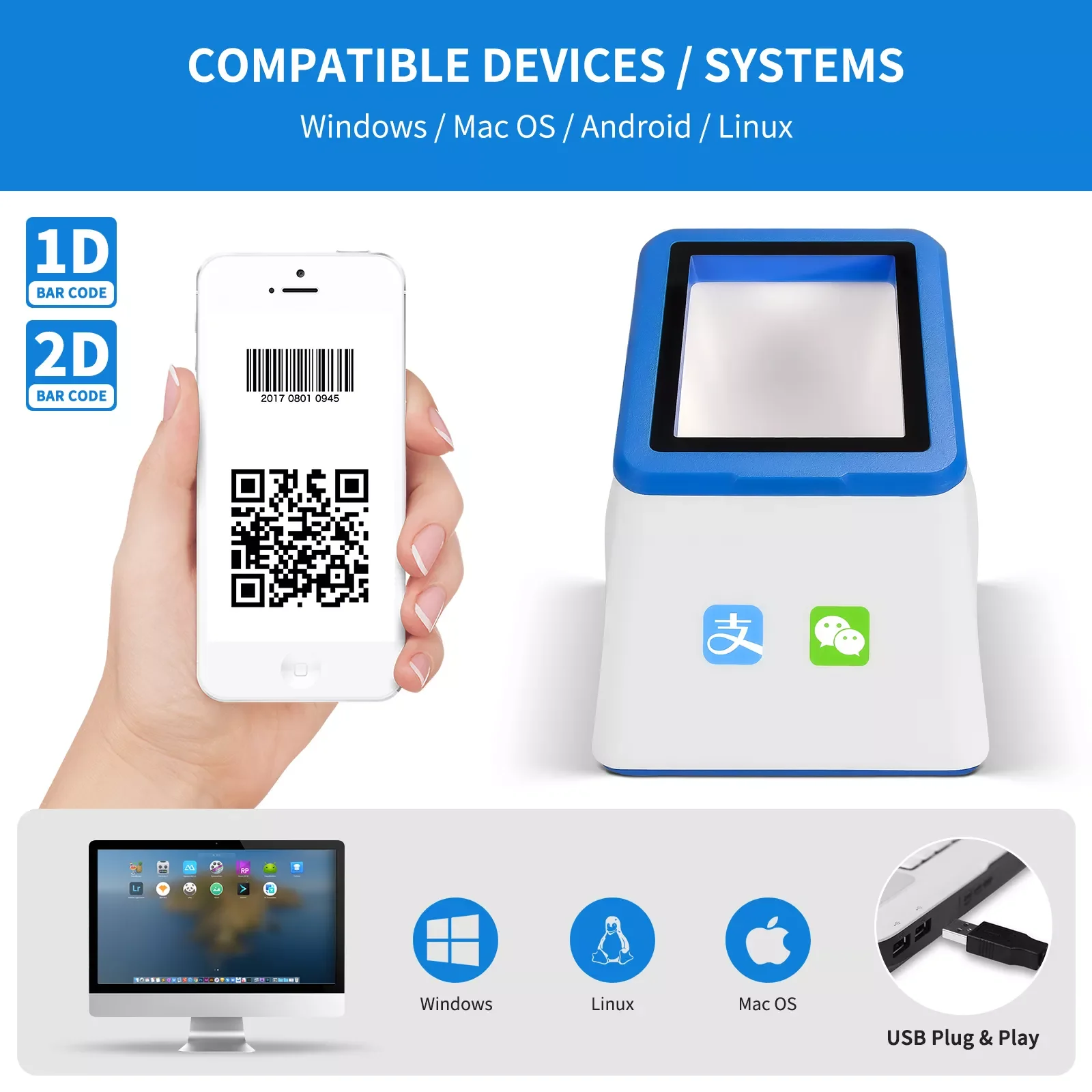 NETUM NT-2016 2D QR Desktop Barcode Reader Flatbed Scanner