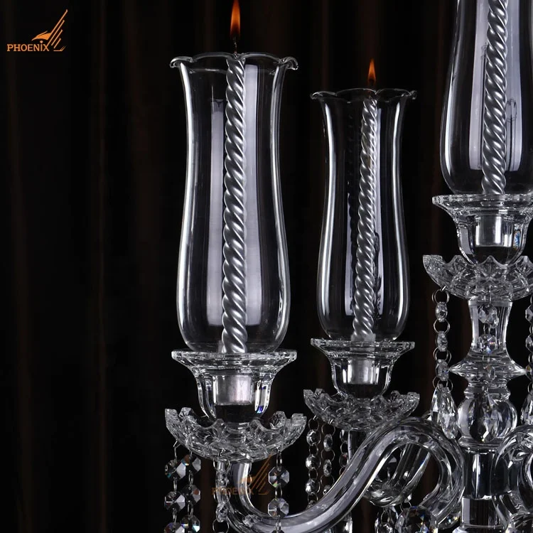 Popular 5 arms clear crystal candle stands glass hurricane candelabra weddings table centerpieces decorations