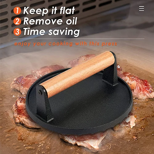 Wood handle cast iron meat Smash Press Hamburger patty maker manual metal burger