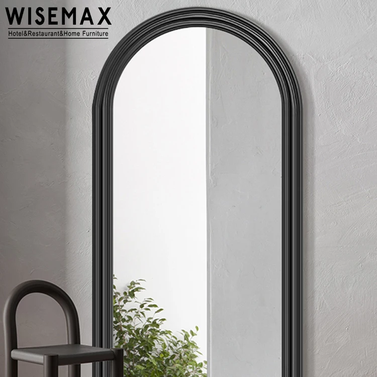 WISEMAX FURNITURE Modern home decor Cream wooden edge full length mirror Oval top right angle base floor mirror for living room