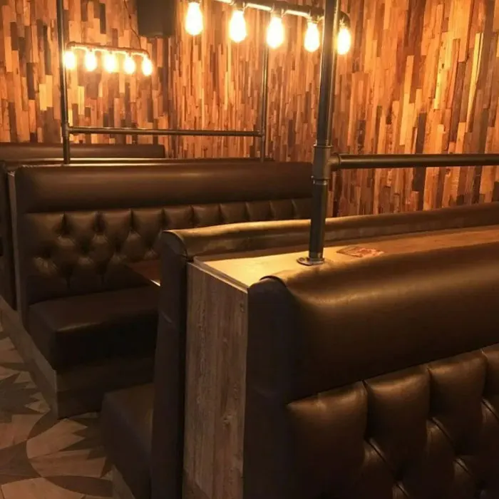 Industrial rustic vintage coffee shop pub benches button back pizza street restaurant design