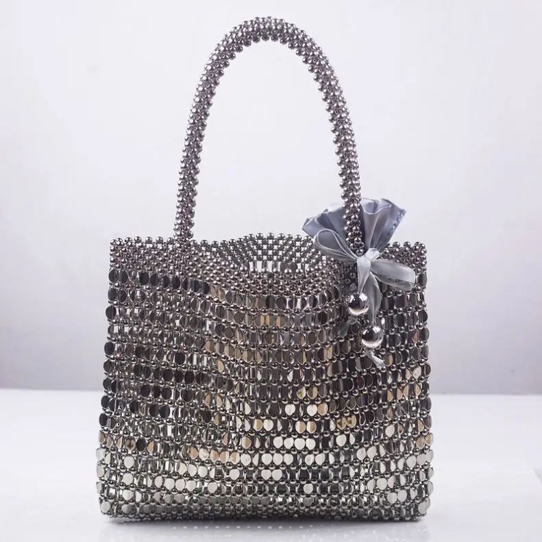 Wholesale Factory Silver Color  Bling Metallic Bead Criss-Cross Weave Square Shape Women Evening Bag Purse Handbag