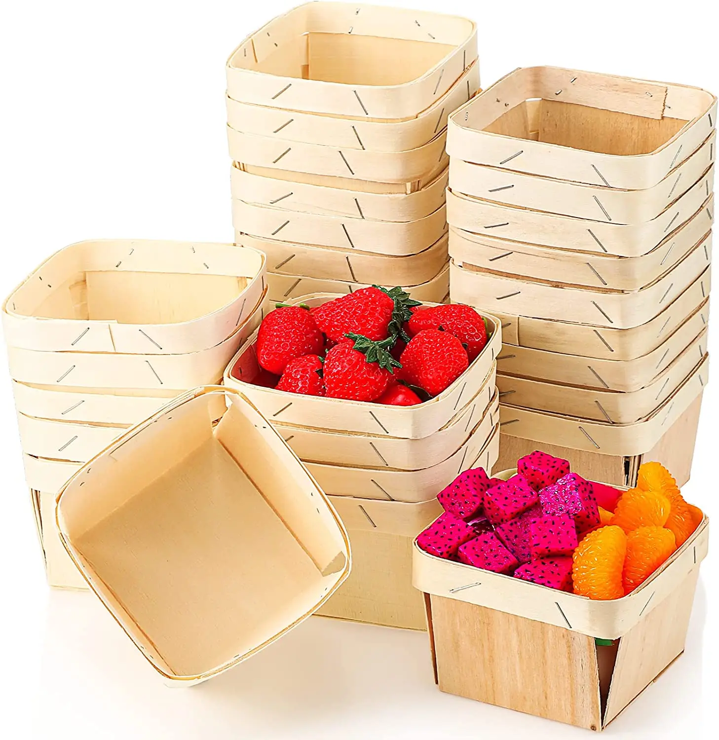 One Quart Wooden Berry Baskets 5.75-Inch Square Vented Wood Boxes for Fruit Picking