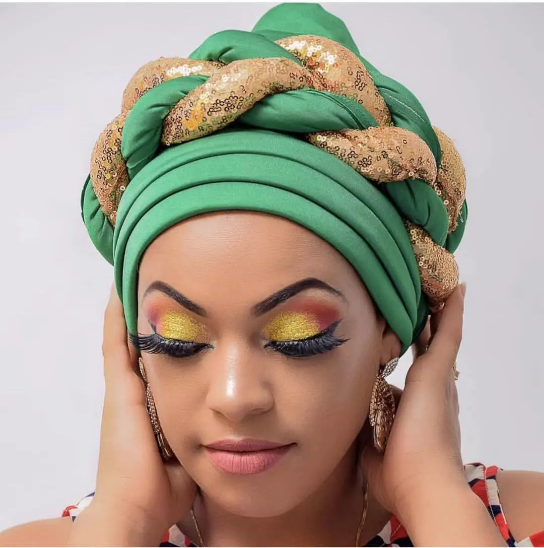 Wholesale Large Double braids hat For Women Female Headwrap African Space cotton Turban hat With sequins