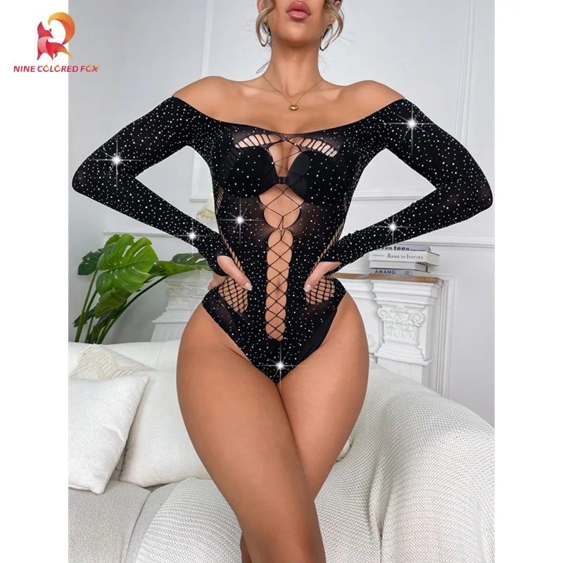 Sexy Mesh Jumpsuit One Shoulder Hollow Out Lingerie Women One Size Fit All Sexi Videos Cross Shining Rhinestones Sexy Underwear