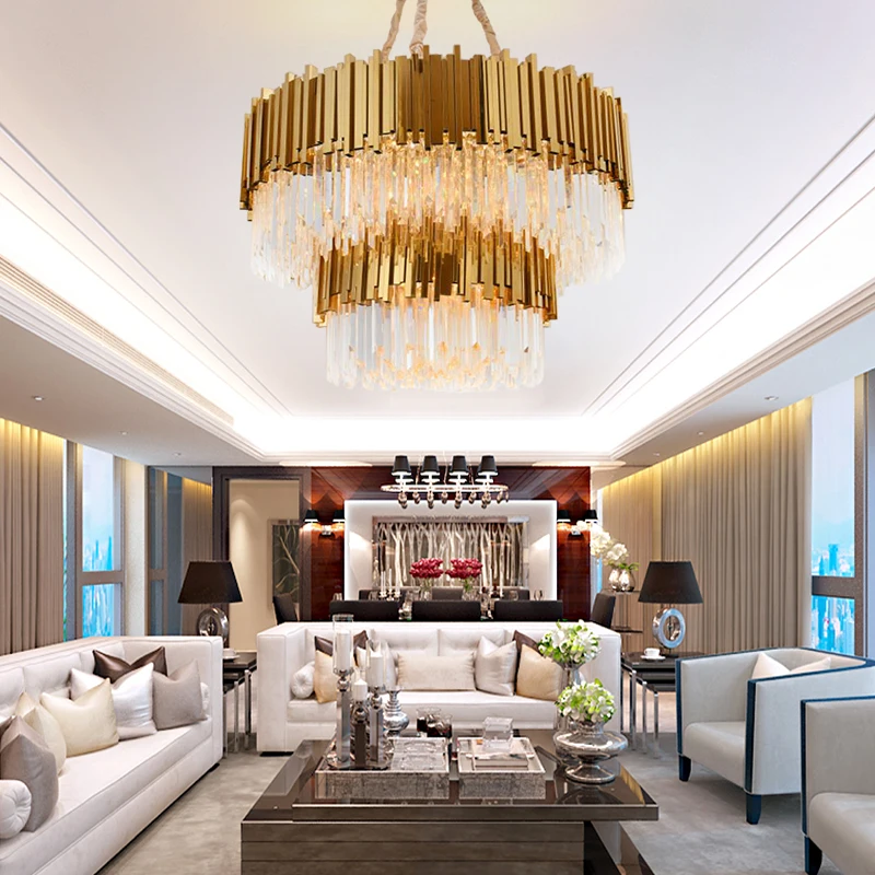 Ceiling Mount Crystal Chandelier Customized Gold Metal Ring Drop Lighting Fixtures Modern Luxury Living Room Decor Pendant Lamp