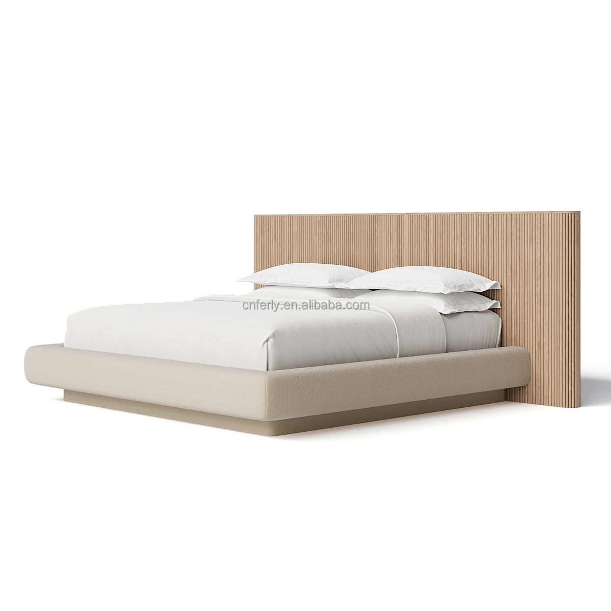 FERLY Bedroom Furniture Luxury King Size Bed Classic Side Curved Headboard Extended Panel Bed With Fabric Base Nightstand Set