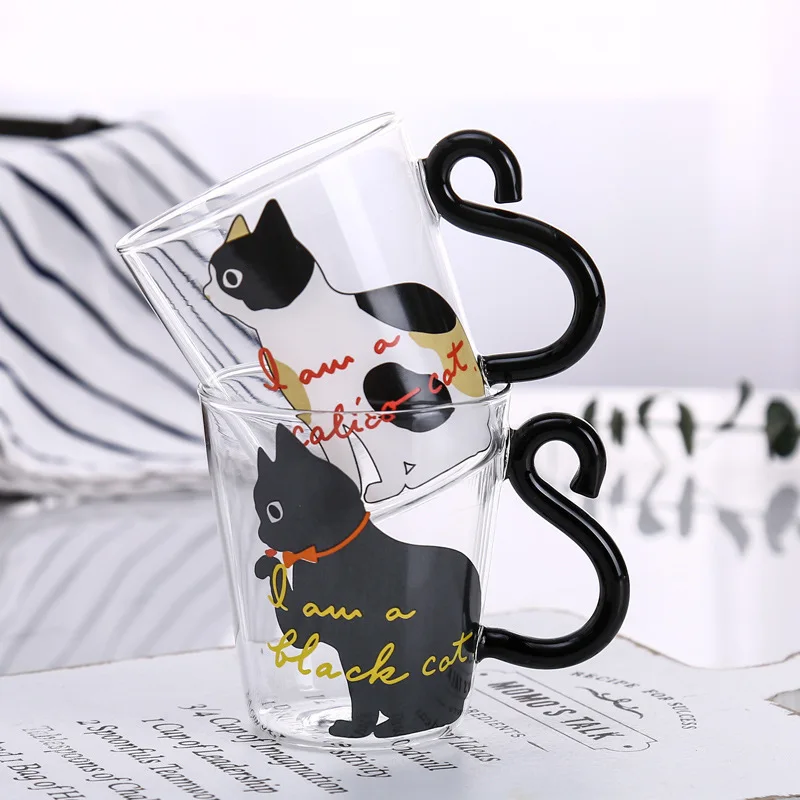 Wholesale animal design novelty gifts for women girls ,Hand blown Single wall borosilicate glass milk cup cute cat mug