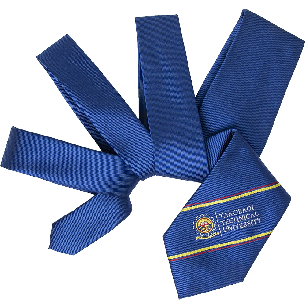 School Ties Supplier Takoradi Technical University Logo Tie 100% Polyester Uniform Blue Striped Neck Ties For Student