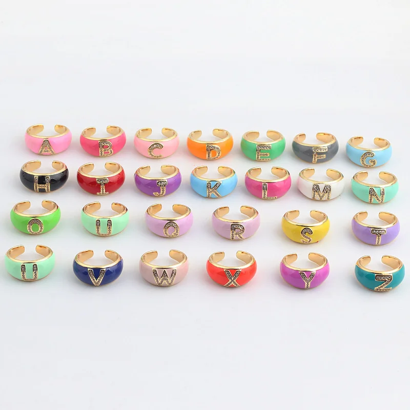 Personality 26 English Letter Enamel Finger Rings Adjustable Colorful Opening Men Fesale Diamond Zircon Ring