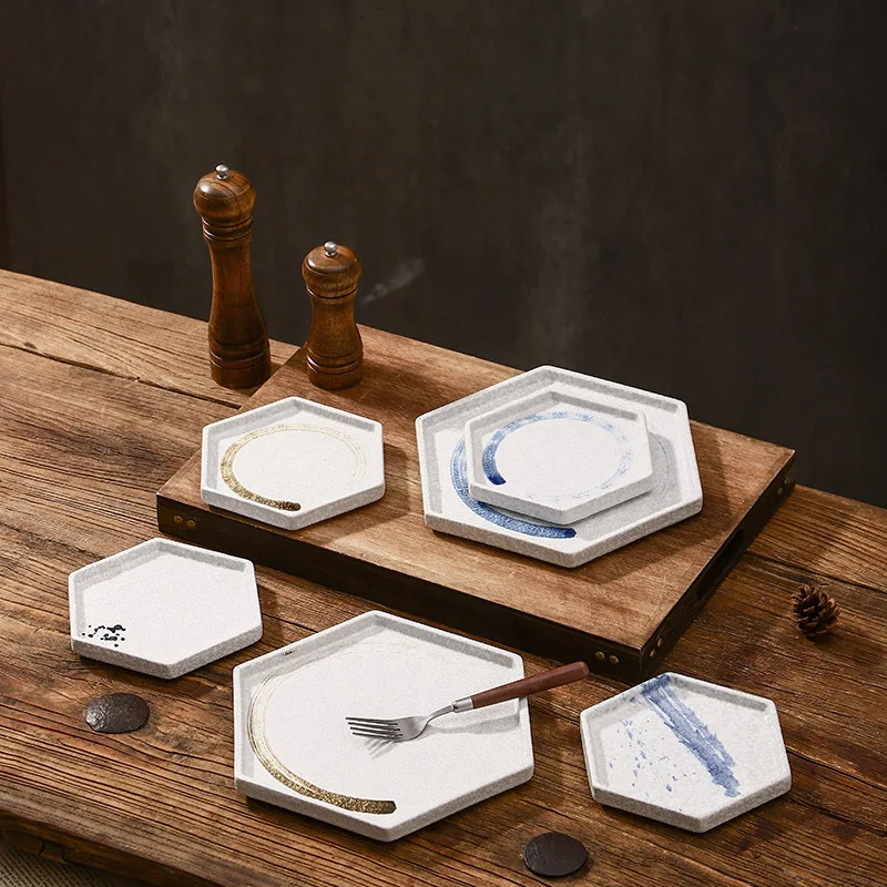 Nordic Hexagon Korean Japanese Western Dinner Dish Ceramic Classical Flat Pasta Plate Commercial Underglaze Shallow Plate