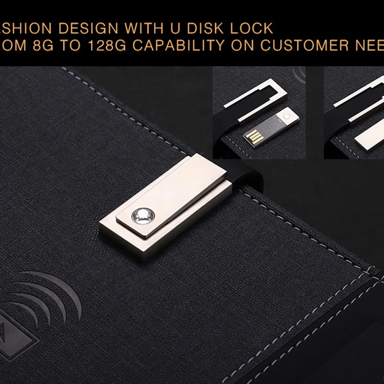 A5 custom brand PU leather notebook with power bank wireless charging USB driver.